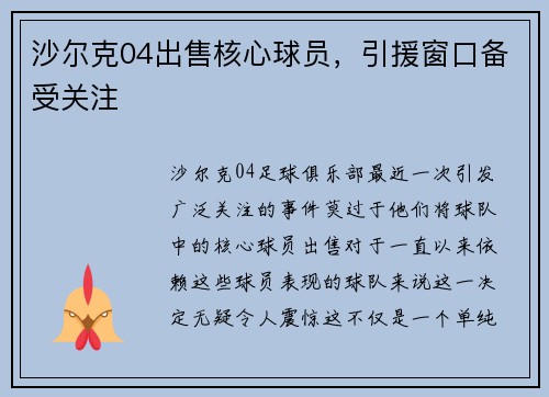 沙尔克04出售核心球员，引援窗口备受关注